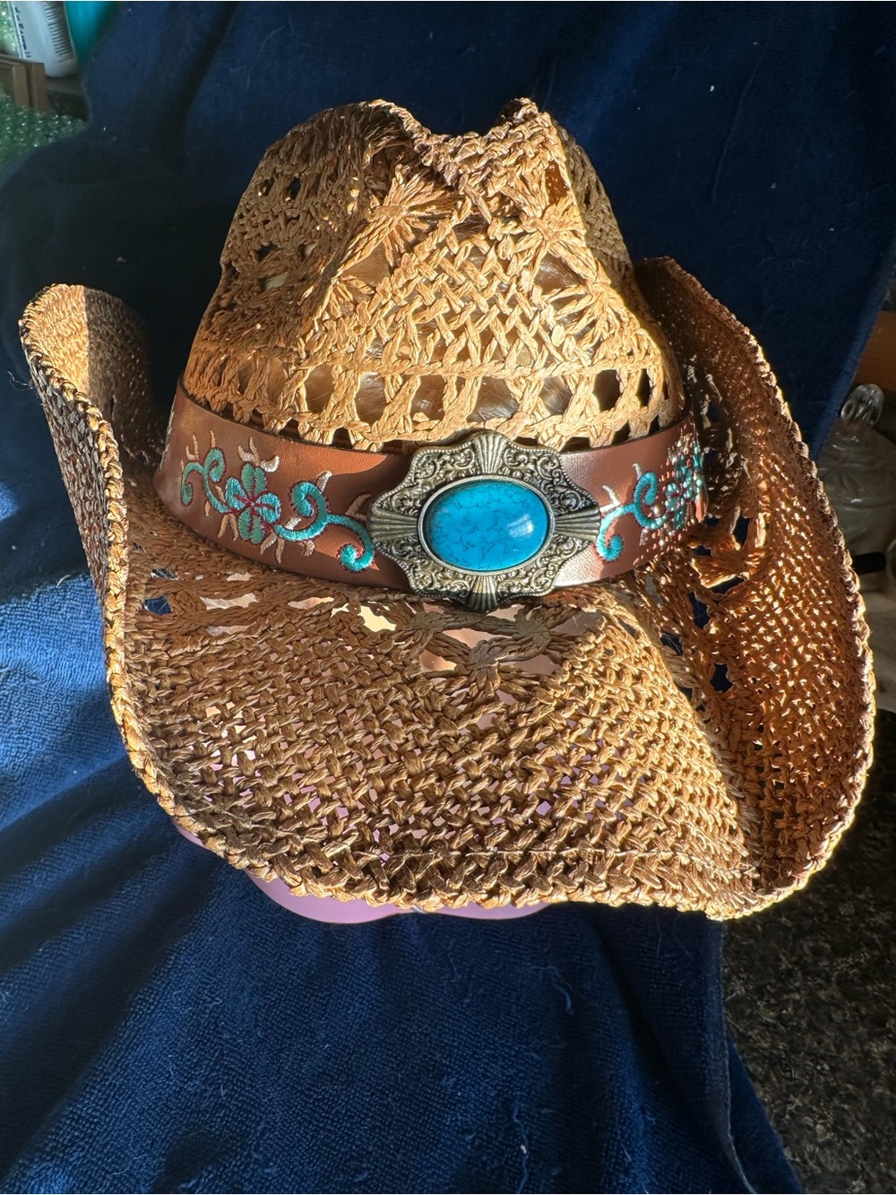 FLUFFY SENSE Coastal Cowgirl Hat Straw Sun Beach Hat 6 5/8-7 1/2, Pecan Brown